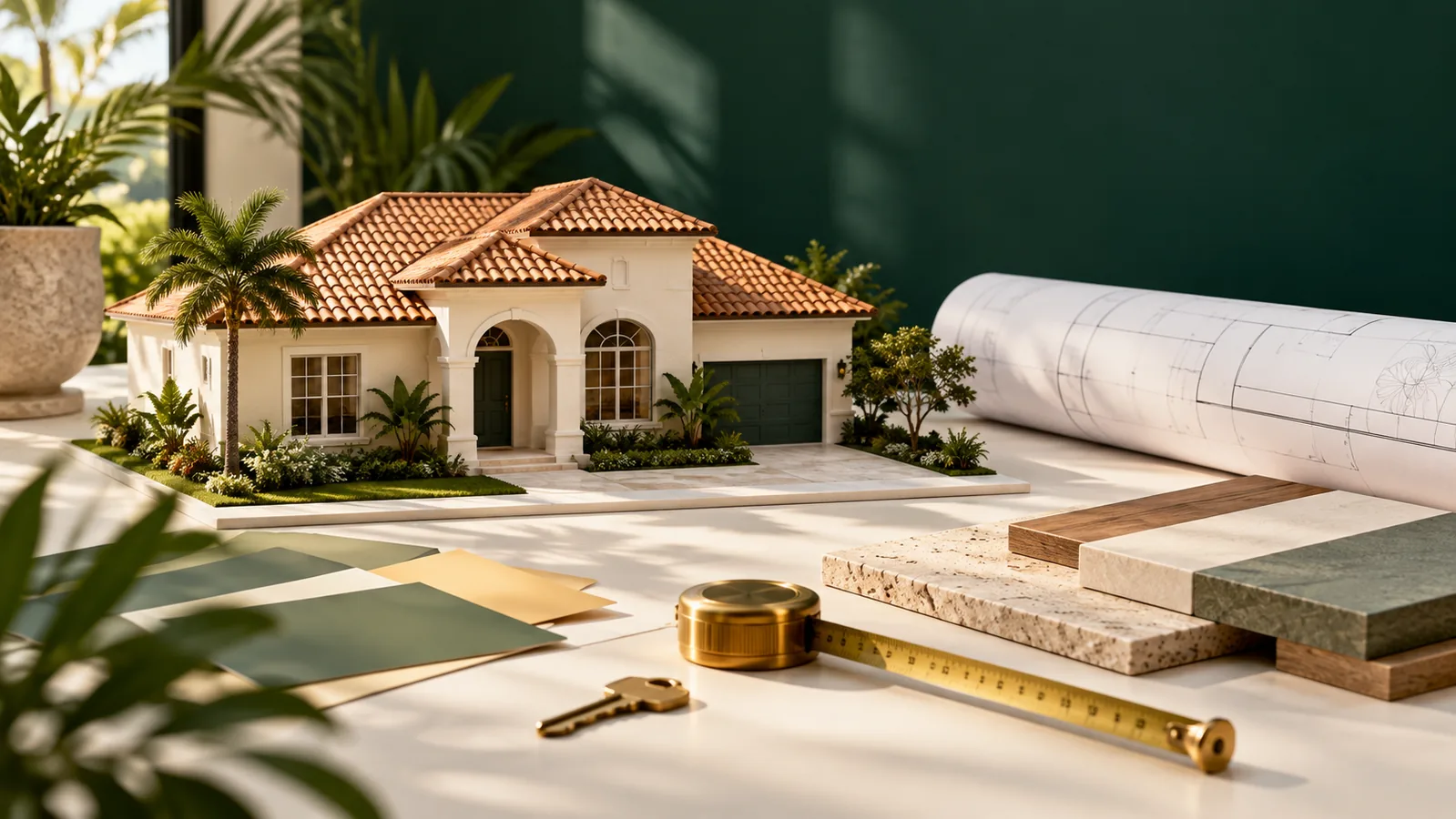 Illustration of a fictional Florida home beside materials and tools for planning a renovation.