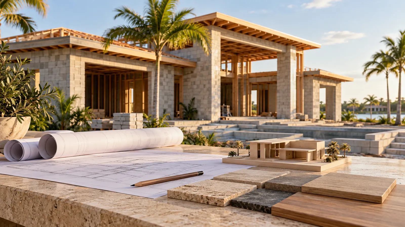 Conceptual scene of a home under construction with plans, an architectural model and material samples in the foreground.