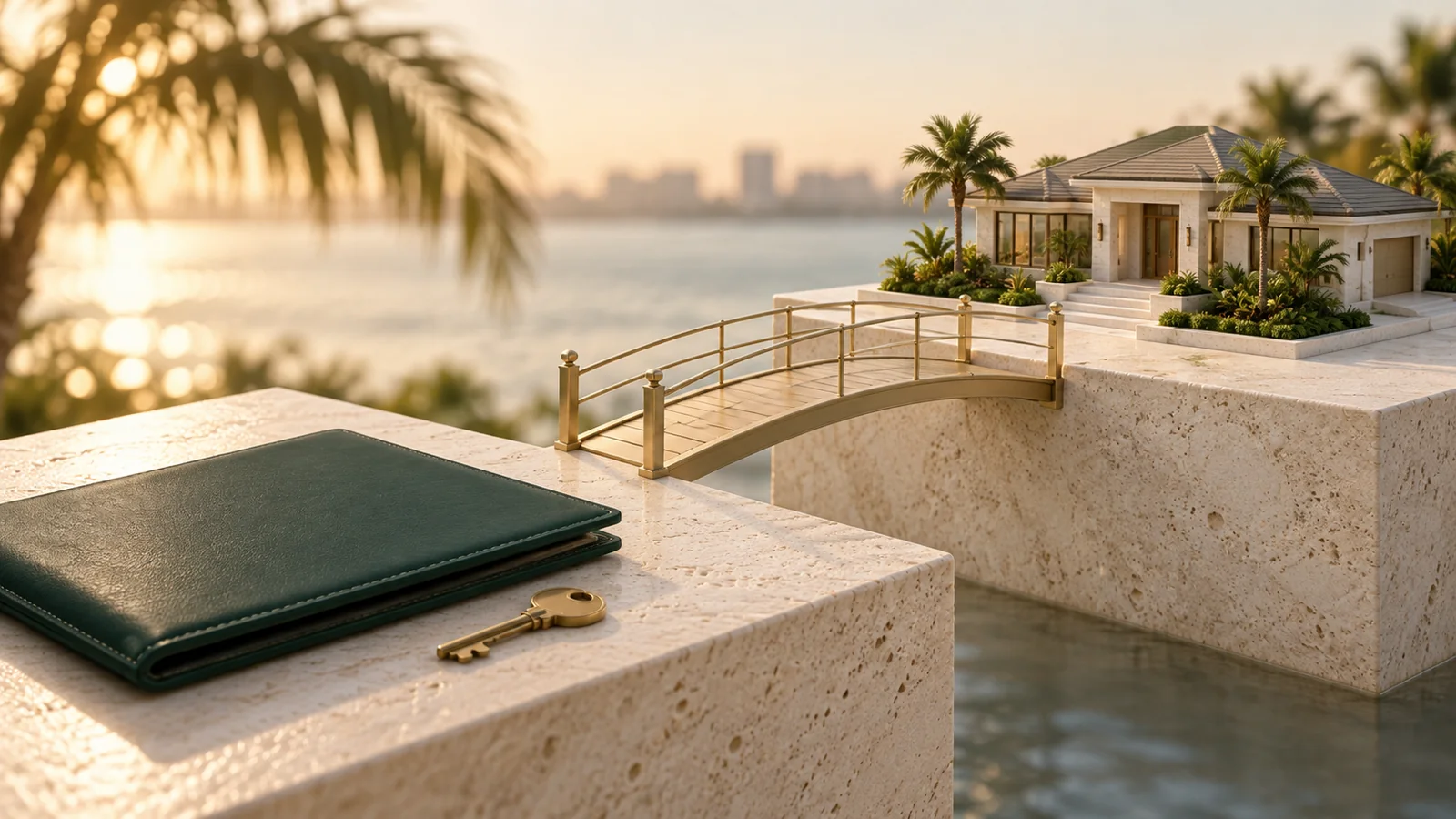 Conceptual scene of a small gold bridge between stone platforms, with a fictional house, a green portfolio and a key.
