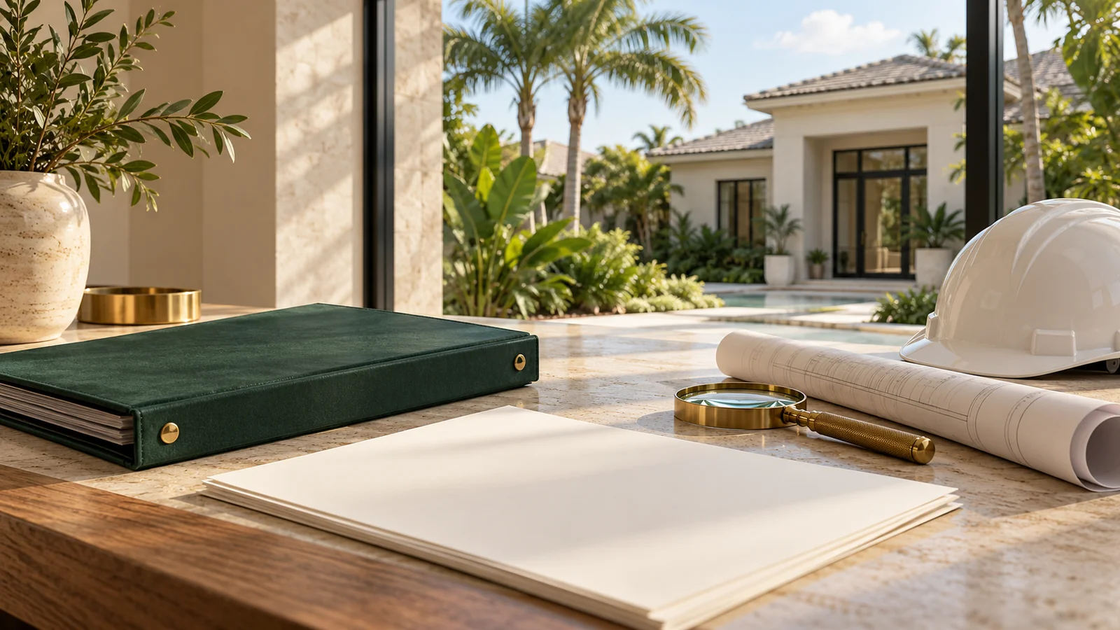 Carpeta de proyecto, planos, lupa y casco sobre una mesa frente a una vivienda de estilo floridano.