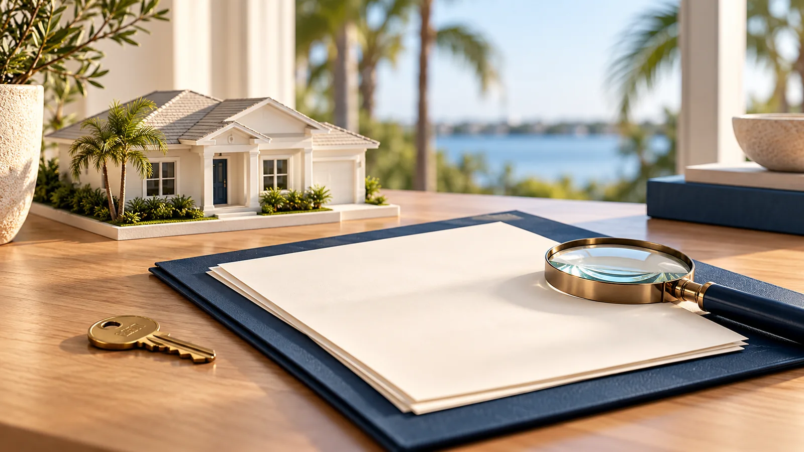 Conceptual model of a Florida home beside a navy folder, blank documents, a magnifying glass and a key.