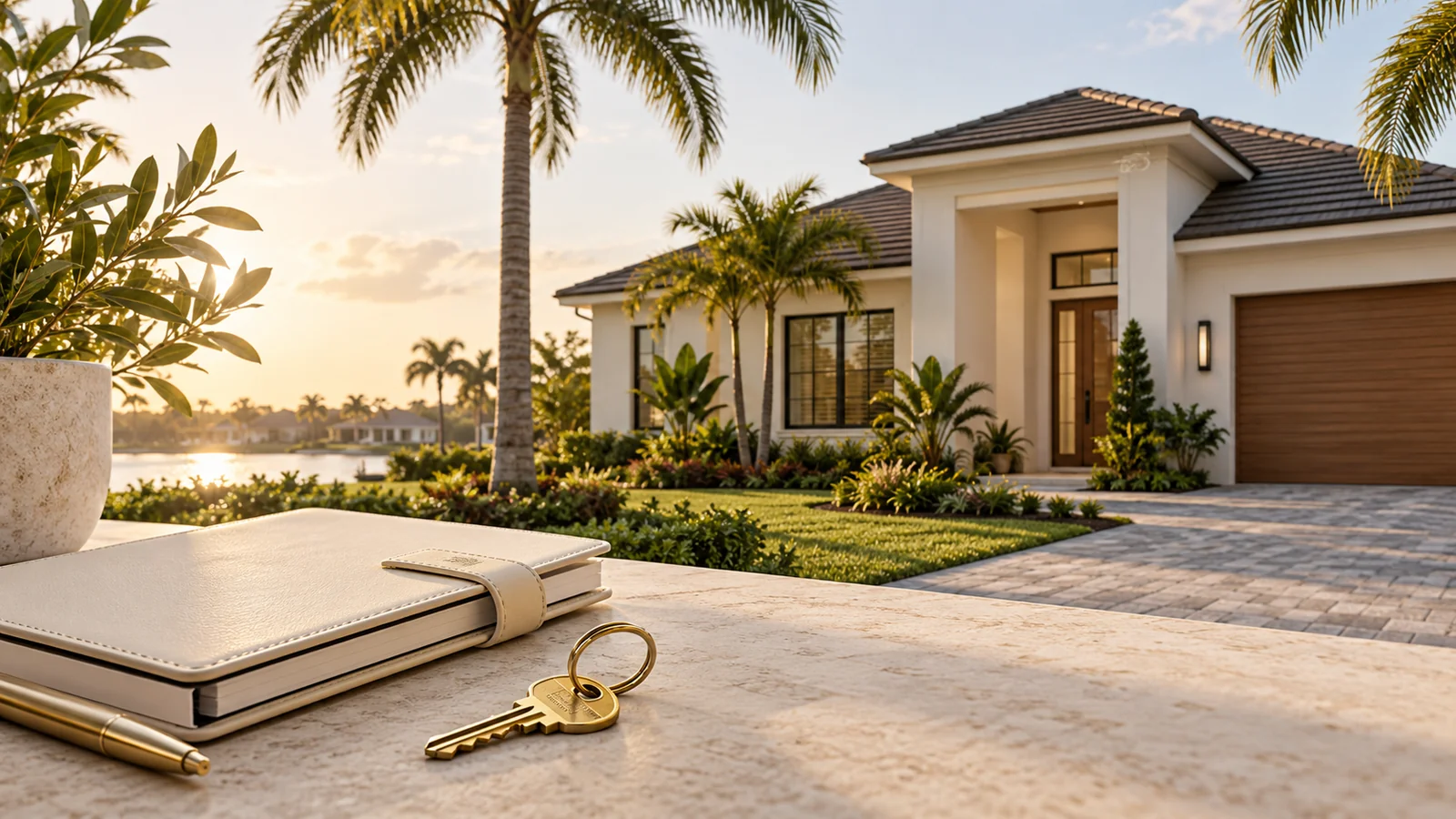 Ilustración de una vivienda ficticia de Florida junto a un cuaderno de planificación y una llave, para una guía de propiedades de alquiler.