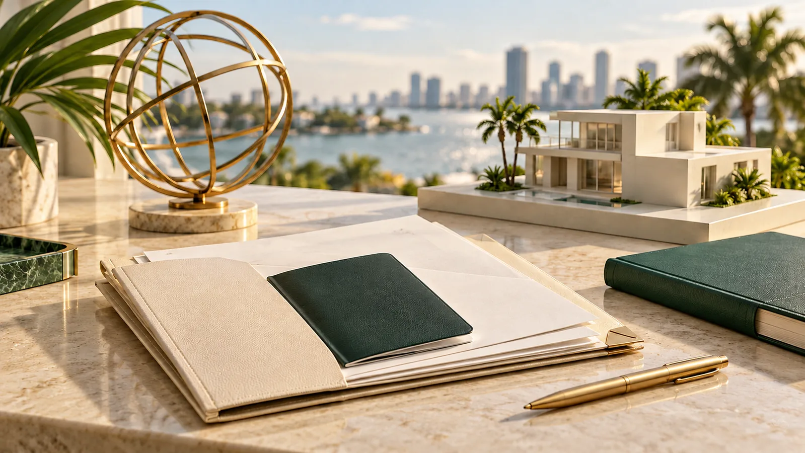 Conceptual illustration of a document folder, a globe made of rings and a fictional Florida home.