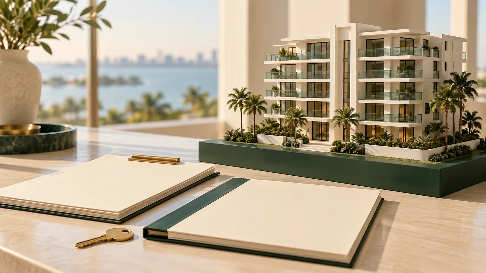Conceptual model of a fictional Florida condominium on a green base, beside blank document folders and a key.