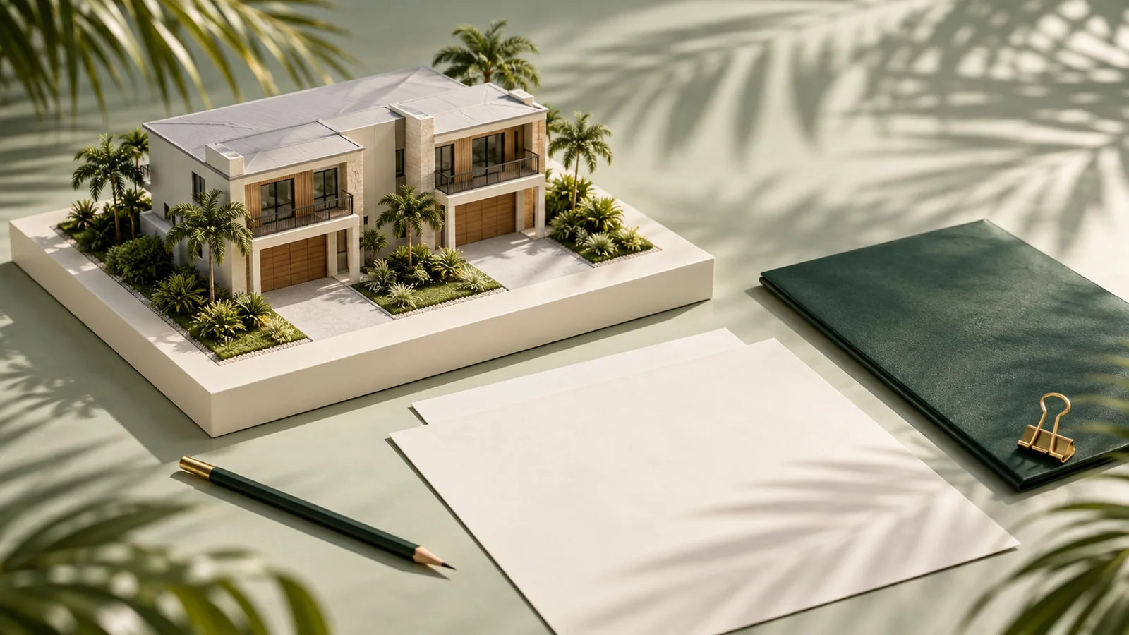 Conceptual model of a fictional duplex beside blank documents, a green folder and a pencil on a sage surface.