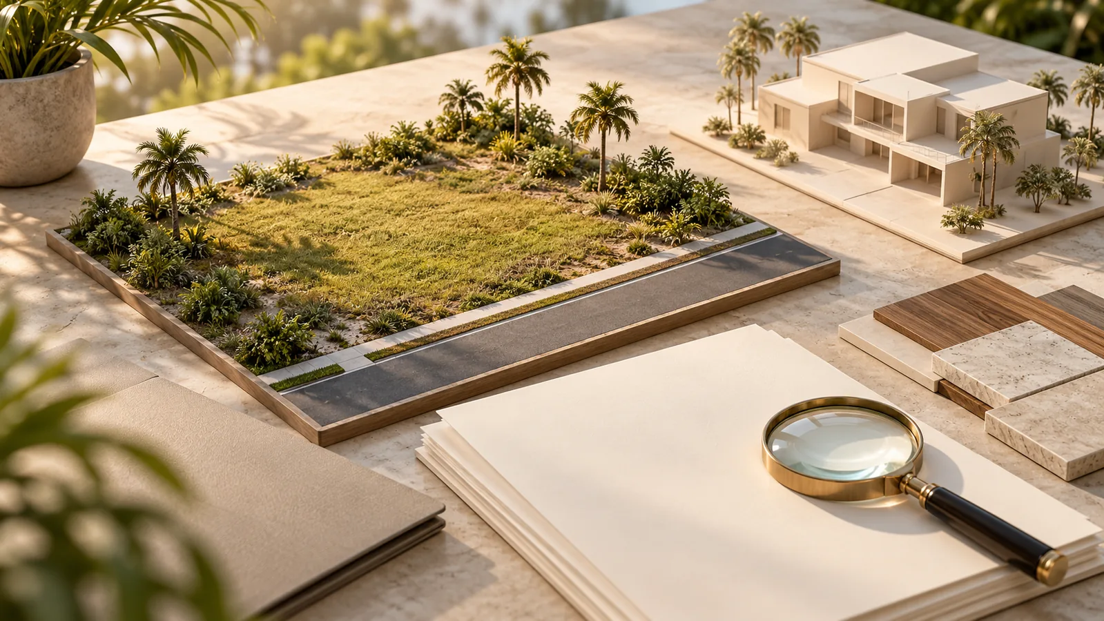 Maqueta conceptual de un terreno ficticio de Florida junto a planos sin texto y materiales de planificación.