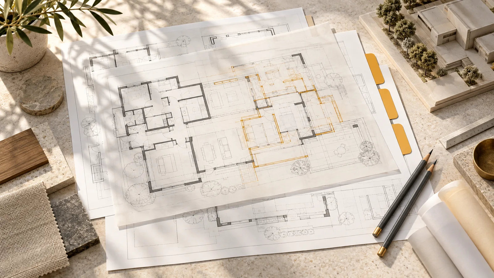 Ilustración conceptual de planos arquitectónicos, carpetas de revisión y una maqueta de vivienda sobre una mesa de trabajo.