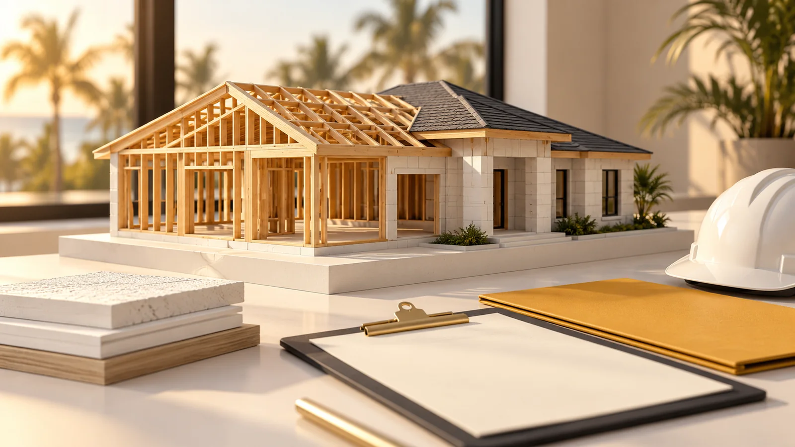 Maqueta conceptual de una vivienda ficticia en construcción, junto a un portapapeles sin texto, una carpeta ocre y un casco blanco.